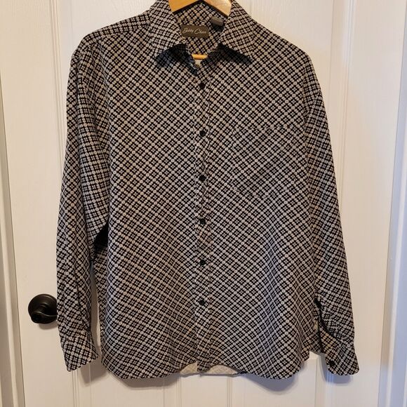 Bobby Chan Shirt Mens Large Black Silk Diamond Plaid Geometric Retro - Picture 1 of 10